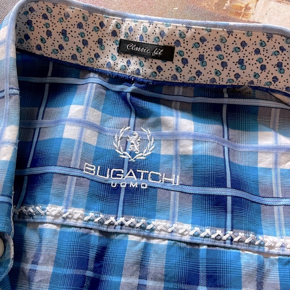 BUGATCHI - Men's Blue Plaid Dress Shirt - Picture 9 of 11